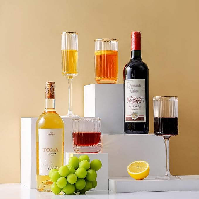 Lysenn Vintage Glassware Set - Ribbed & Fluted Wine, Champagne, Whiskey & Highball Glasses for Wedding or Party, Set of 4