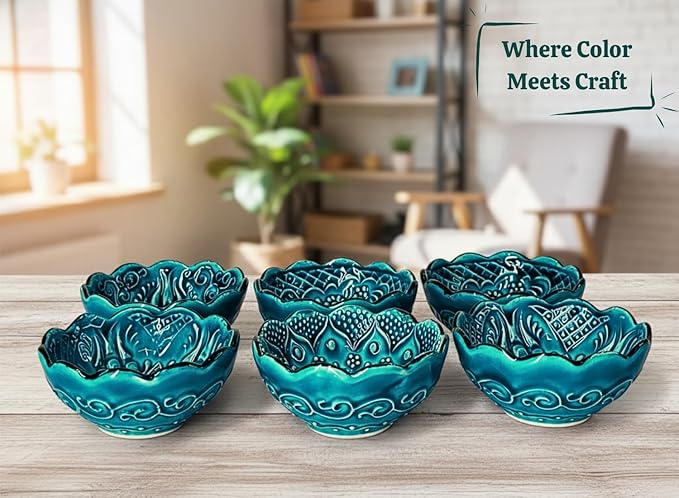 Handmade Decorative Turkish Ceramic Mini Pinch Bowls Set of 6 – Small Dipping & Serving Sauce Bowls, Green Charcuterie Accessories, Hand-Painted Floral Pattern Snack Dishes for Kitchen & Table Decor