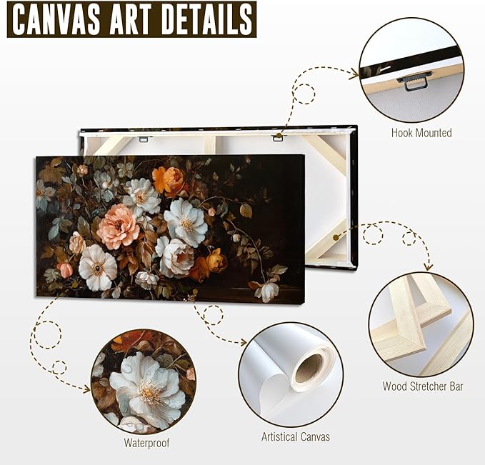 ADJUVANT Wall Art Vintage Floral Bouquet 40" L x 20" W, Old Fashioned Flowers Canvas Painting Romantic Artwork Classic Blooms Prints Botanic Wall Decor for Living Room Bedroom Dining Room Home Office