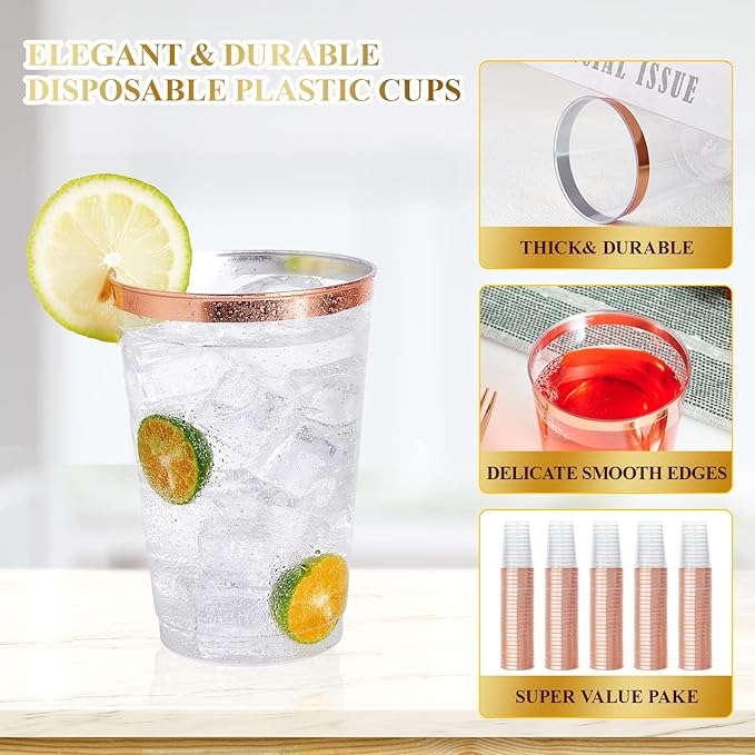 Vplus 150 Pack 12 OZ Reusable Rose Gold Rimmed Clear Plastic Cups, Disposable Heavy Duty Plastic Cups for Party, Christmas, Wedding, Thanksgiving, Halloween
