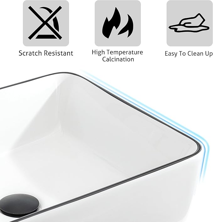 eclife Bathroom Ceramic Sink Bowl Classic White with Black Decor Line Porcelain Vessel Sink and Faucet Combo for Bathroom Countertop Bowl Sink & ORB Pop Up Drain (T03BK)