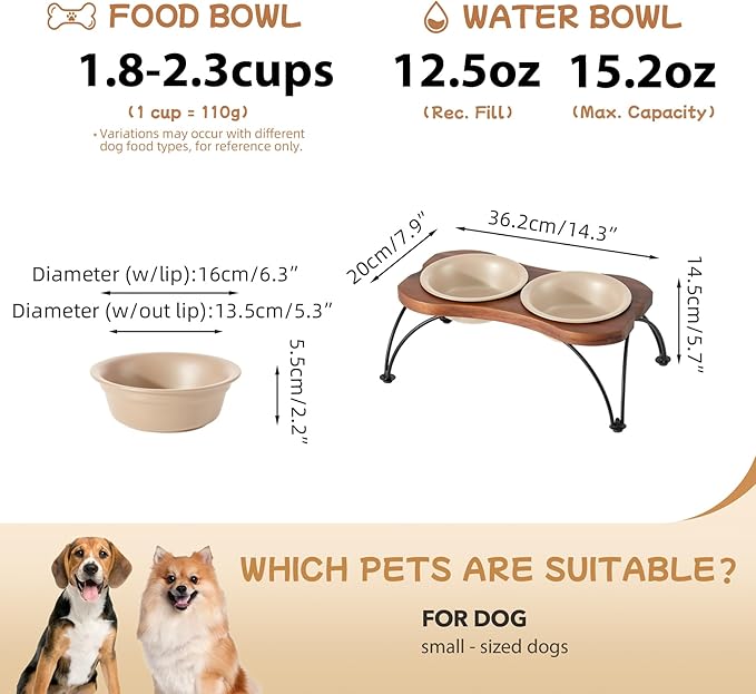 Ceramic 6.3-inch Raised Double-Bowl Set with Non-Slip Stand, 1.5 Cup Food or 15 oz Water Dishes for Small Dogs, Wide Opening with Rounded Edges(Oat Beige)