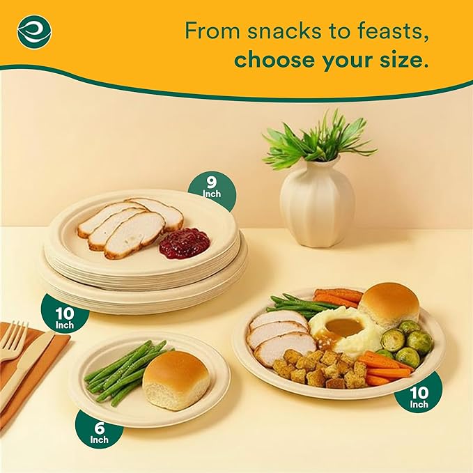 ECO SOUL 6 Inch Compostable Disposable Paper Plates [200 Pack] Food Safe 100% Virgin Bagasse Pulp Heavy Duty Biodegradable Microwave Safe Small Round Dessert Plate for Party, Picnic & BBQ (Brown)