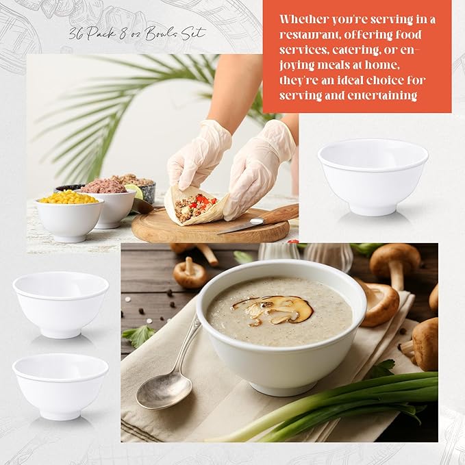 Tioncy 36 Pcs Bowls Set Unbreakable Dessert Soup Salad Bowls for Pasta Cereal Soup Dishwasher Safe (6 oz,White)