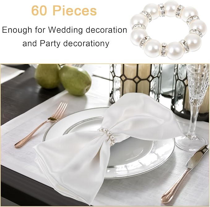 60Pcs Pearl Napkin Rings,Imitation Pearl Beaded Napkin Ring Holder,Serviette Napkins Rings Bulk for Wedding Reception Dinner Table Decor Banquet Home Party (White&Silver, 60Pcs)