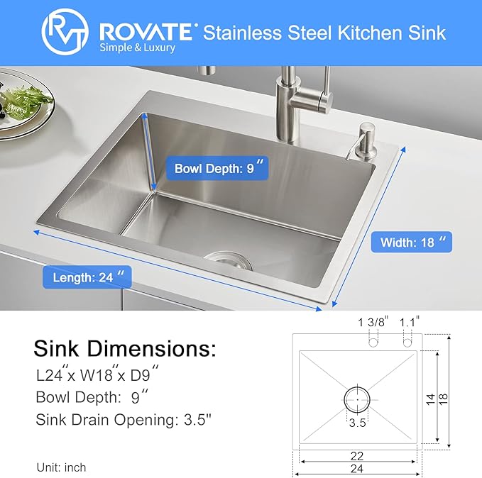 ROVATE 24 × 18 Inch Drop-in Topmount Kitchen Sink Single Bowl, 304 Stainless Steel Handmade Overmount Kitchen Sink with Basket Strainer, 24 x 18 x 9 inch