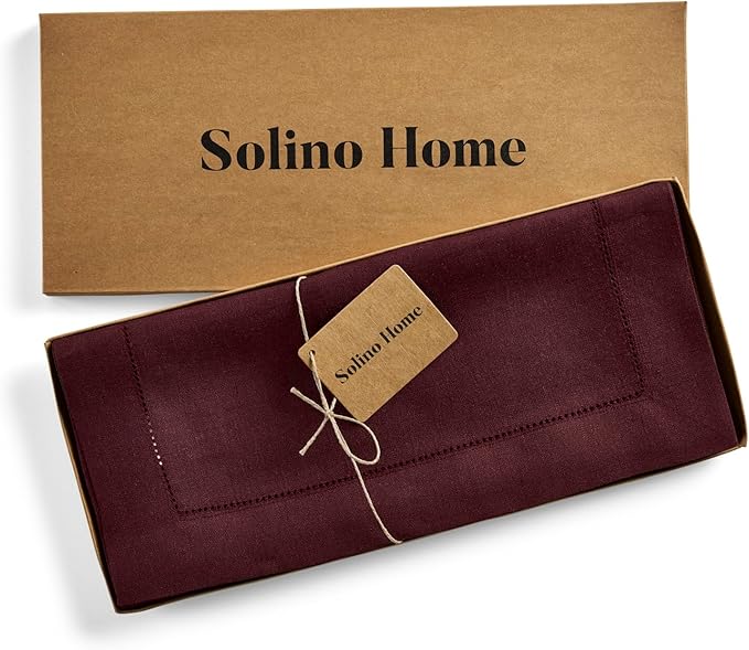 Solino Home Linen Table Runner 48 Inches - 100% Pure Linen Burgundy Hemstitch Table Runner 14 x 48 Inch Ideal for Dresser and Coffee Tables - Winter, Valentines - Classic Hemstitch