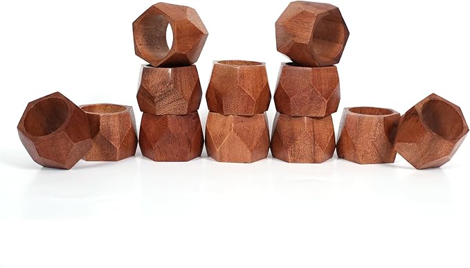 ALPHA Living HOME Wooden Napkin Rings Set of 12 - Decorative Daimond Serviette Holders for Party, Decoration, Dinning Table, Everyday, Family Gatherings - Rustic Reusable Napkin Rings (Brown)