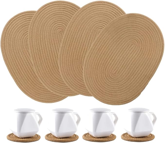 4 Pack Oval Woven Placemats and Set of 4 Round Fabric Coasters, Cotton Braided Tablemat Set, Heat-Resistant Pot Holders, 11.5 * 15.8'' Washable Plate Chargers for Christmas Table Decoration