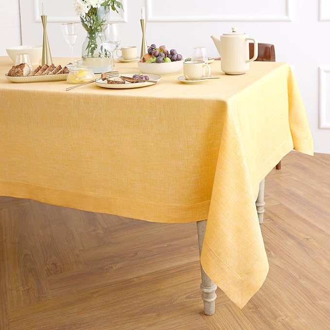 Solino Home Linen Tablecloth 60 x 108 Inch - 100% Pure Linen Chambray Mustard Yellow Table Cloth for Rectangular Tables - Athena, Machine Washable Cloth Tablecloth for Spring, Easter