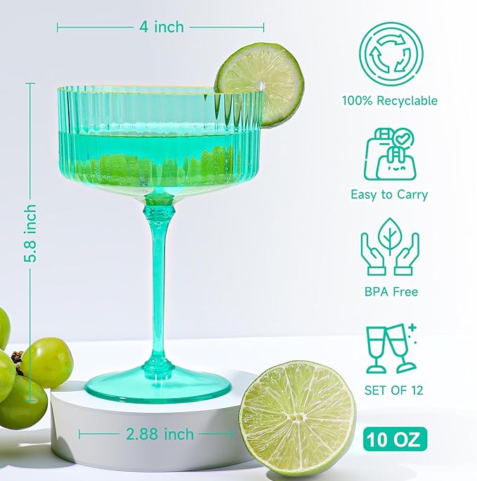 XUWAIDSGN 12 Pcs Champagne Martini Glasses 9 Oz with Gilded Removable Gold Rim Coupe Glasses Pink Martini Glasses Plastic Mimosa Vintage Coupe Glasses Set For Wedding Anniversary (12, Teal)
