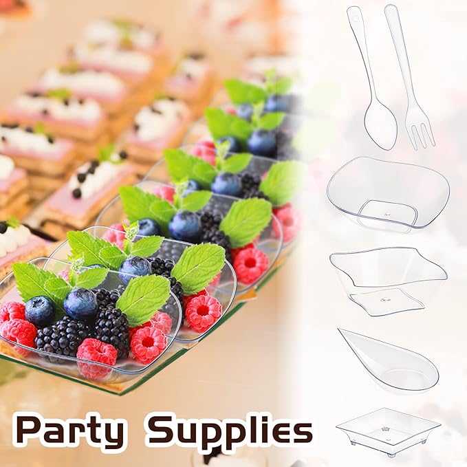 Tessco 800 Pcs Mini Appetizer Plates Set Including 400 Disposable Dessert Plates Assorted Shape 200 Mini Plastic Forks 200 Plastic Spoons for Party(Clear,Classic)