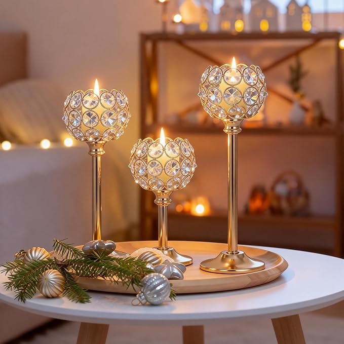 Crystal Candle Holders 4 Set of 12 - Gold Vintage Hollow Ball Candle Stand for Table Centerpiece, Crystal Metal Tealight Candlestick for Wedding, Dining Room Decor
