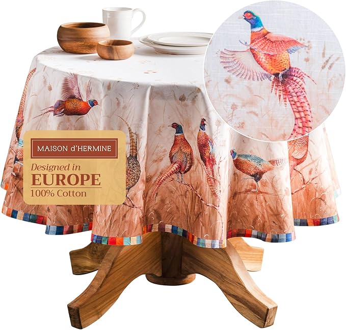 Maison d' Hermine Table Cloth Round Table 100% Cotton 63 Inches Fall Tablecloth Reusable Everyday Use for Thanksgiving Christmas Decorations Dining Farmhouse Party (Faisan D'Automne)