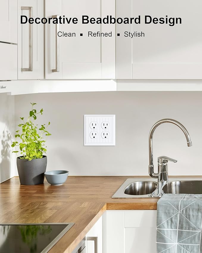 2-Pack Classic Beadboard Double Duplex Outlet Cover, Pure White Decorative Switch Plates and Outlet Covers for Electrical Outlets, Durable Natural Bamboo Fiber Wall Plates, 2 Gang Receptacle Cover