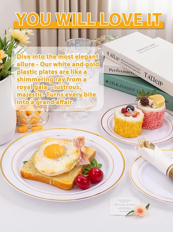 175PCS White and Gold Plastic Plates - Gold Plates with Rolled Napkins for Party - 25Guest Disposable Dinnerware Sets for Party/Wedding/Valentine's Day