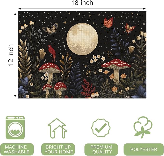 Mushroom Botanical Placemats Set of 4, Mushroom Plants Leaves Butterfly Place Mats, Moon Waterproof Washable Table Mats for Home Party Indoor Kitchen Dining Table Decoration 12x18 Inch