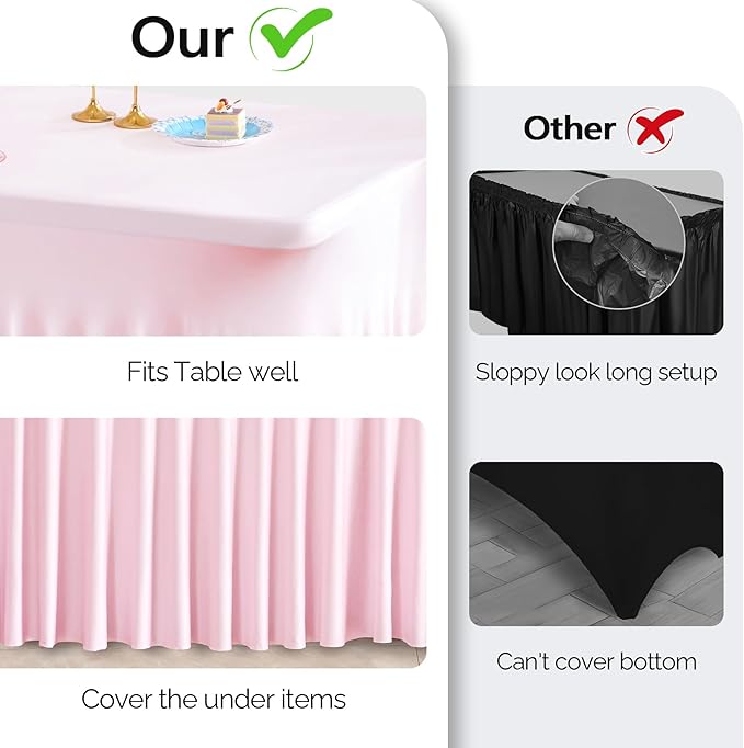 Wish Care 2 Pack Pink Spandex Table Clothes for 8 Foot Rectangle Tables, 8FT Wrinkle Free Fitted Tablecloths Ruffles Design Table Cover for Party, Banquet, Wedding and Events