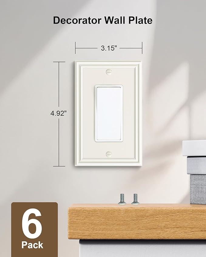 6-Pack Decorator Outlet Cover Plate, Light Almond Decorative Switch Plates and Outlet Covers, Durable Zinc Alloy Wall Plates for Electrical Outlets, Receptacle, GFCI Outlet, Dimmer Switch