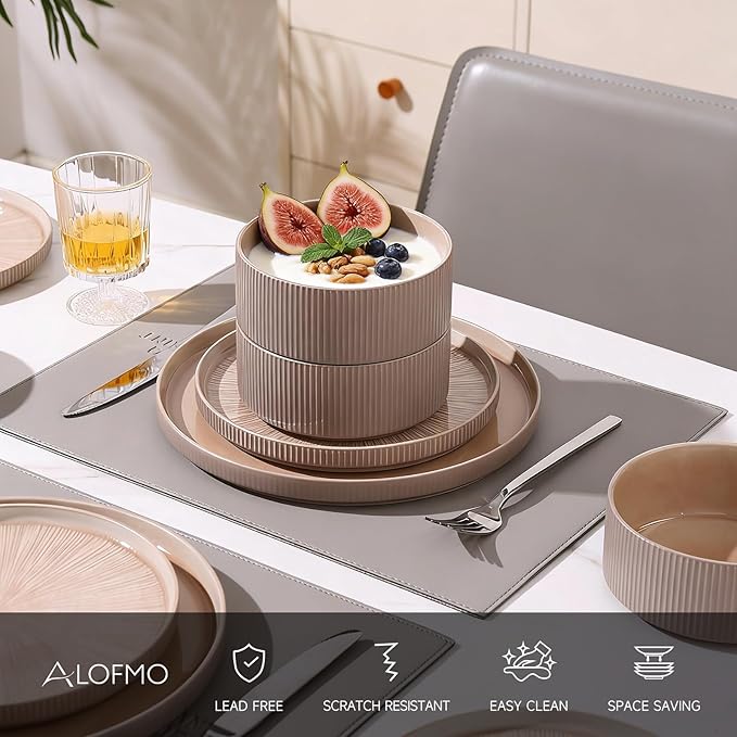 Dinnerware Sets for 8, Ceramic Plates and Bowls Set 24 Piece Dinnerware Chip Resistant Stoneware, Dishwasher and Microwave Safe-Brown