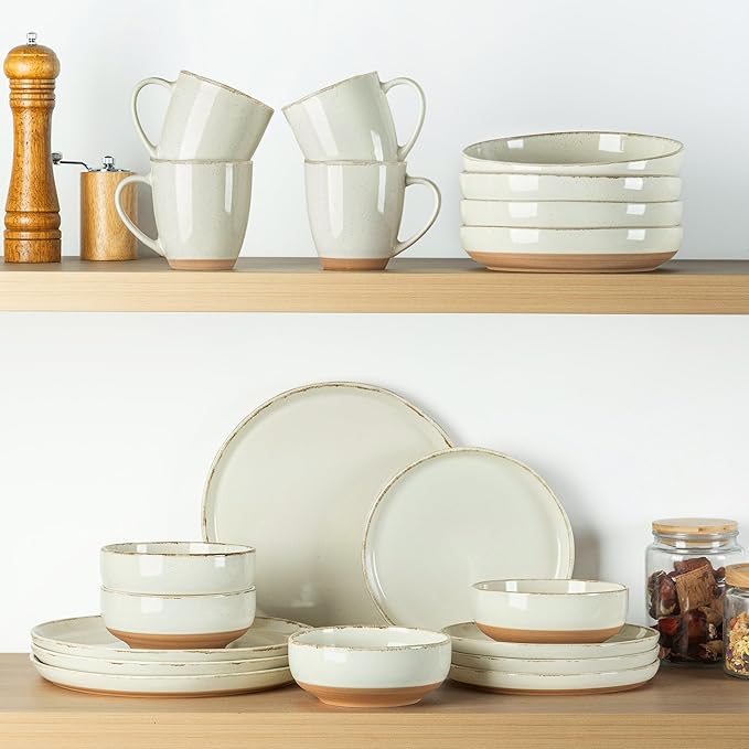 AmorArc 8.75'' Large Ceramic Pasta Bowls, 36oz Handpainted Stoneware Bowls Set of 4, Microwave&Dishwasher Safe Bowls with Wavy Rim&Rustic Terracotta Underside for Pasta Salad, Handbrush Rim