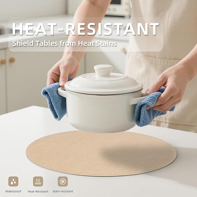 Round Wipeable Placemats Set of 6 – Faux Leather Round Table Mats, Waterproof & Washable Vinyl Placemats, Circle Design for Dining Table Decor– Warm Tan