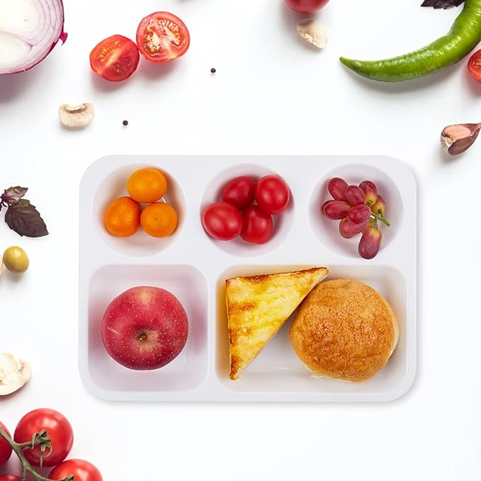 Divided Melamine Plates 5-Compartment White Serving Tray, 13.3 x 9.76 inches, 3 PCS, PFW-133976-03