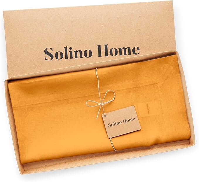 Solino Home Linen Tablecloth 52 x 52 Inch - 100% Pure Linen Tangerine Yellow Square Tablecloth - Fete, Machine Washable Table Throw for Spring
