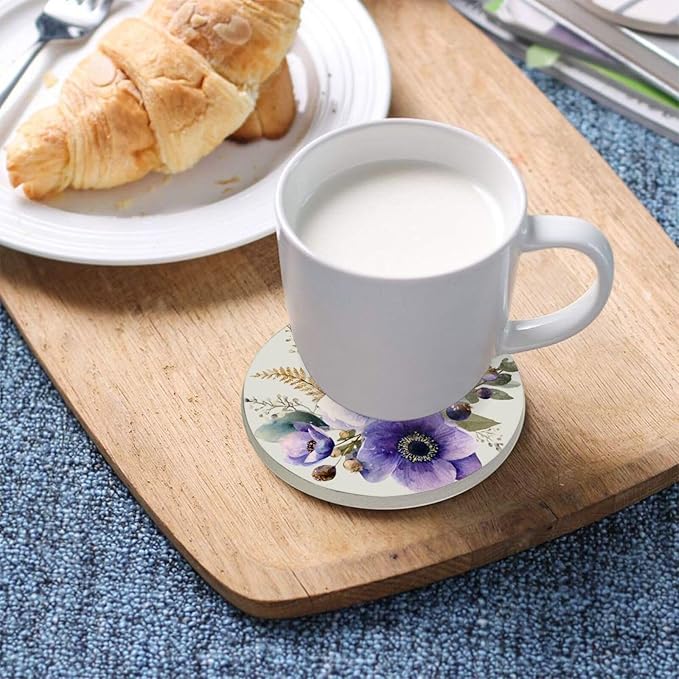 Coasters for Drinks Coaster Drink Set Decorative Coffee Table Desk Cup Mat Spring Cute Cork Bar Backing Round Home Decor Purple Silver Lotus with Branches and Berries20