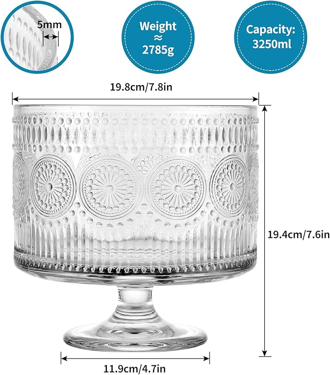 MDLUU Glass Trifle Bowl with Pedestal, 3.43qt Footed Dessert Stand, Vintage Centerpiece Bowl for Layered Cakes, Fruits, Salad (Sunflower Pattern)