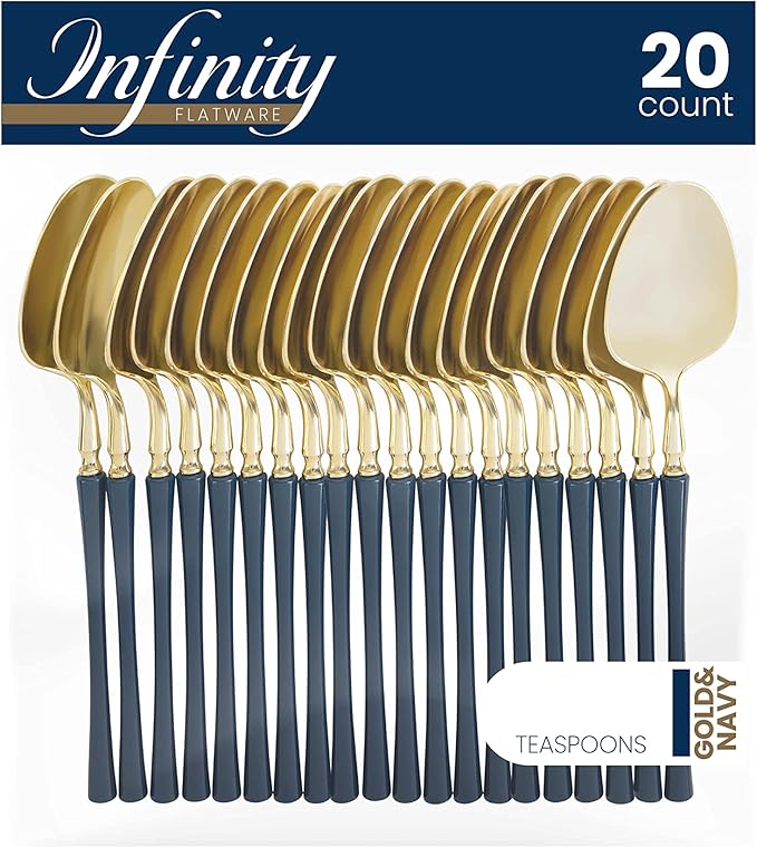 PlasticPro 20 Count Gold and Navy Plastic Tea Spoons Premium Quality Heavy Duty Disposable Elegant Silverware Two Tone Tea Spoons for Party