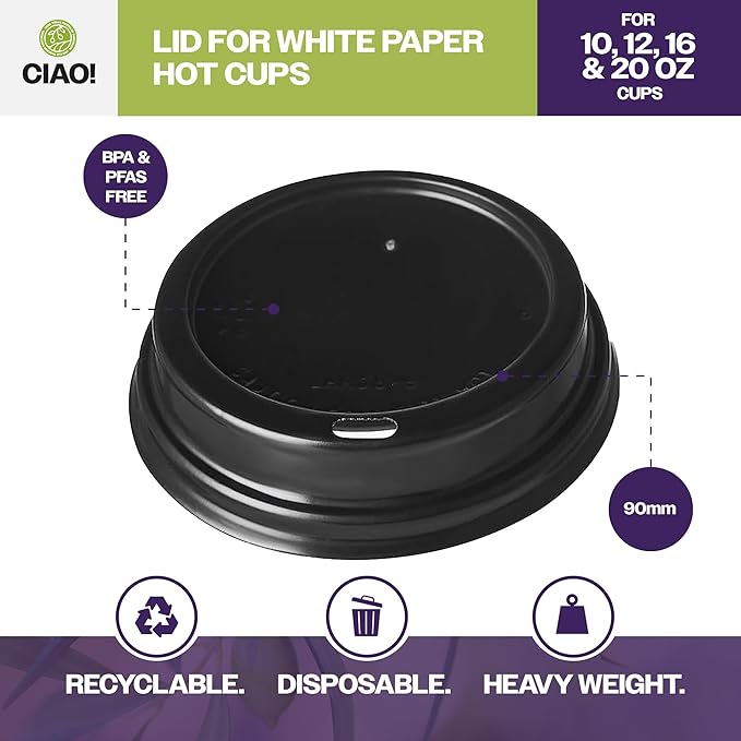 CIAO! 10-24 oz. (90mm) Coffee Cup Sipper Black Dome Lid, 1,000 Count