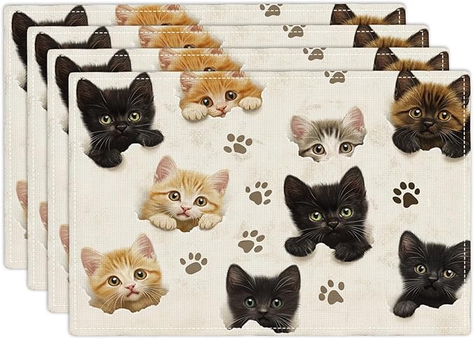 Cat Placemats Set of 4, Cute Black Cats Table Mats, Animal Washable Place Mats for Coffee Bar Home Party Indoor Kitchen Dining Table Decoration 12x18 Inch