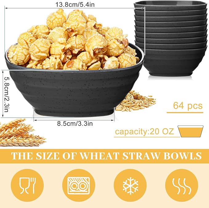 Gejoy 64 Pcs Unbreakable Cereal Reusable Wheat Straw Lightweight Bowls Microwave and Dishwasher Safe Soup Fiber Bowls for Kitchen Serving Salad Rice Snacks (Black)
