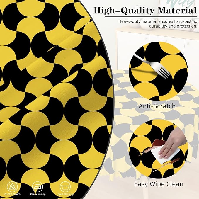 Laeacco 36 Inch Geometric Round Tablecloth Black and Gold Abstract Pattern Modern Art Print Table Cloth Washable Waterproof Wrinkle Free Table Cover for Kitchen Dining Picnic Party Decoration