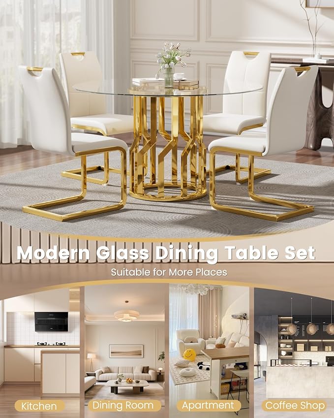 47.2" Round Glass Dining Table Set for 4, Modern 5 Piece Kitchen Table Set with Gold Stainless Steel Base & 4 PU Leather Accent Chairs, Saving Space, Dining Set for Apartment, Home - White Chair