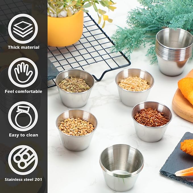 Mimorou 100 Pcs 2.5oz Metal Ramekins Stainless Steel Sauce Dipping Cups Ramekins Bulk Sauce Container Round Dipping Bowls Condiment Cup for Dish Butter Kitchen Restaurant Serving Party Dinner Cooking