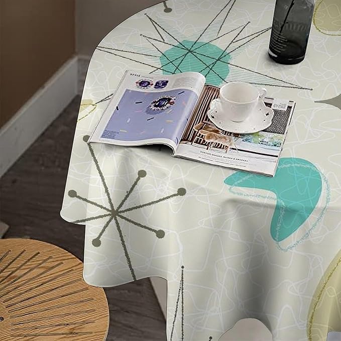 Mid Century Round Tablecloth, Modern Atomic Abstract Geometric Pattern Tablecloth for Home Party Dining Room Kitchen Decorm 50Inch(127cm)