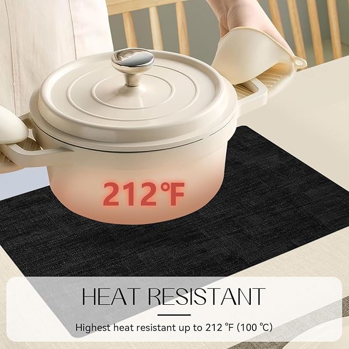 Romanstile Vinyl Placemats Set of 6-12 x 17 Inch - Heat Resistant Place Mats 100% Waterproof Oilproof Wipeable Reversible Faux Leather Table Mats for Kitchen/Dining/Party/Holiday, Black