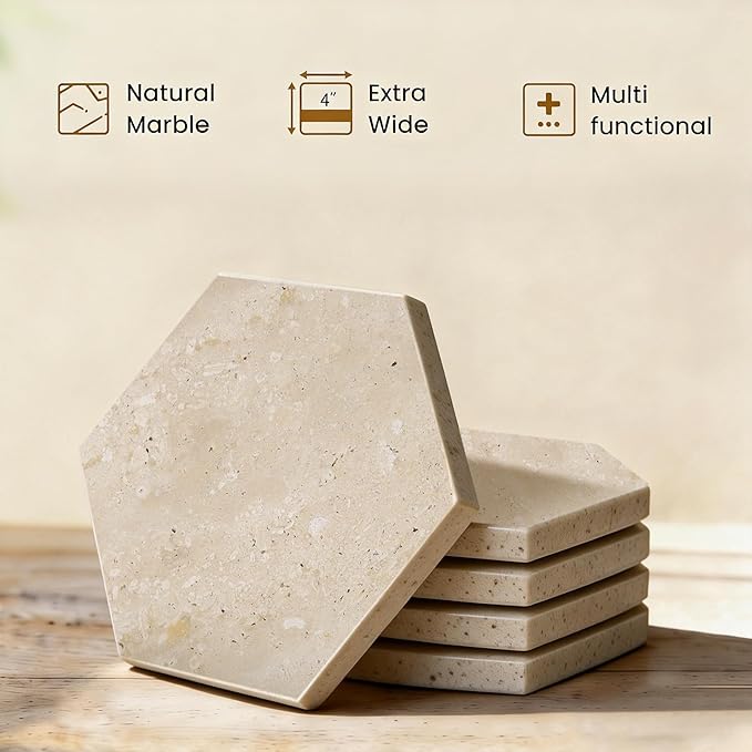 Natural Marble Coasters, Hexagonal Costers, Luxury Aesthetic Modern Decor for Coffee Table Bar Kitchen Home, Travertine Marble, Real Natural Semi Absorbent Stone Coasters