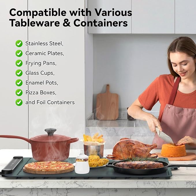 Food Warming Mat Electric Tray: Adjustable Silicone Heating Pad with 3 Temperature Settings 4 Timer Function Portable Roll Up Hot Plate for Buffets Party Gatherings Kitchen Countertop Black Gray