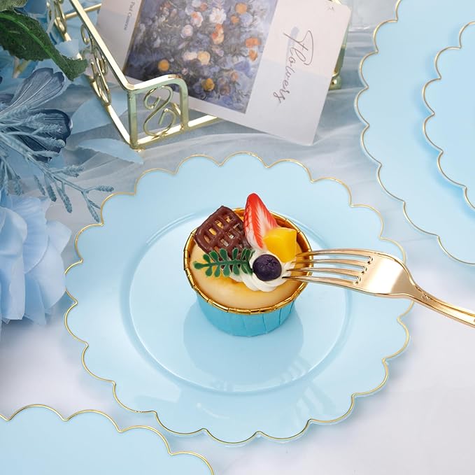 LIYH 60 Pcs Baby Blue Plastic Plates with Gold Edge - Disposable Light Blue Plastic Plates Includes 30 Dinner Plate 10.25" and 30 Dessert Plate 7.5" for Party Birthday