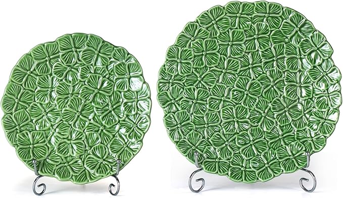 KAMMAK Ceramic Decorative Plate Set of 2, Porcelain Plates for Kitchen Dining Room Wine Cabinet Home Decor, Vintage Collector Plates with 2 Display Stand, Green Flowers (8-inch + 10-inch)