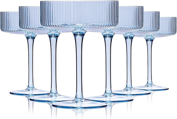 Blue 9 oz Vintage Art Deco Coupe Glasses Set of 6 Blue Ribbed martini Glasses|Vintage Cocktail Glasses Set,Unique Light Sky blue Coupe Glass