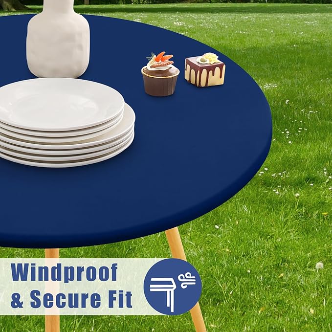 Round Spandex Tablecloth 2 Pack, Elastic Fitted Waterproof Tablecloths for 25"-30" Tables, Stretch Washable Picnic Table Cover for Camping, Dining, Indoor and Outdoor, Navy