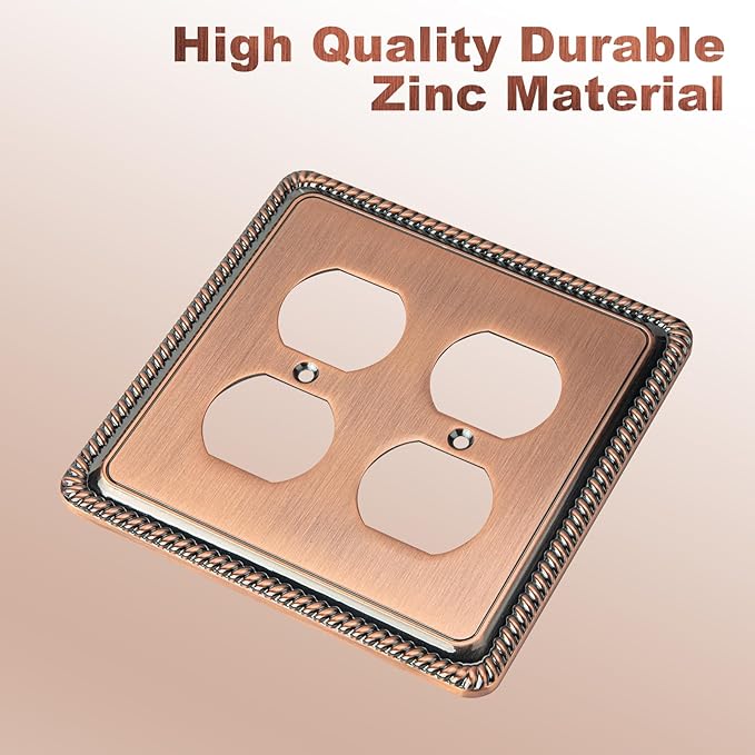 Henne Bery Rope Edge Decorative Wall Plate Switch Plate Outlet Cover (Double Duplex, Antique Copper)