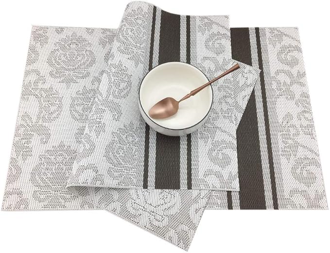 Gugrida Silver Placemats Dining Table, Heat-Resistant Placemats Stain Resistant Anti-Skid Washable PVC Table Mats Woven Vinyl Placemat, Set of 6