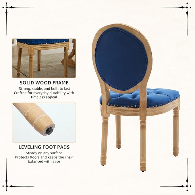 Vintage French Dining Chairs Set of 2, Round Back Velvet Upholstered Accent Chairs with Nailhead Trim and Solid Wood Frame, Elegant Sillas de Comedor for Dining Room & Kitchen, Blue
