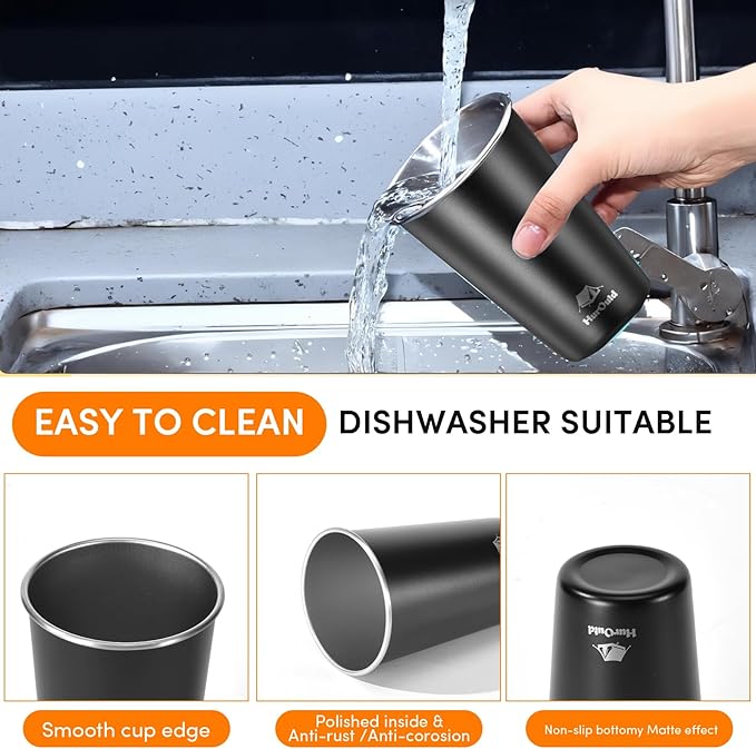 8 Pack Stainless Steel Cups 16oz -Black Stackable Metal Drinking Glasses for Camping, Travel, Shatterproof Tumblers