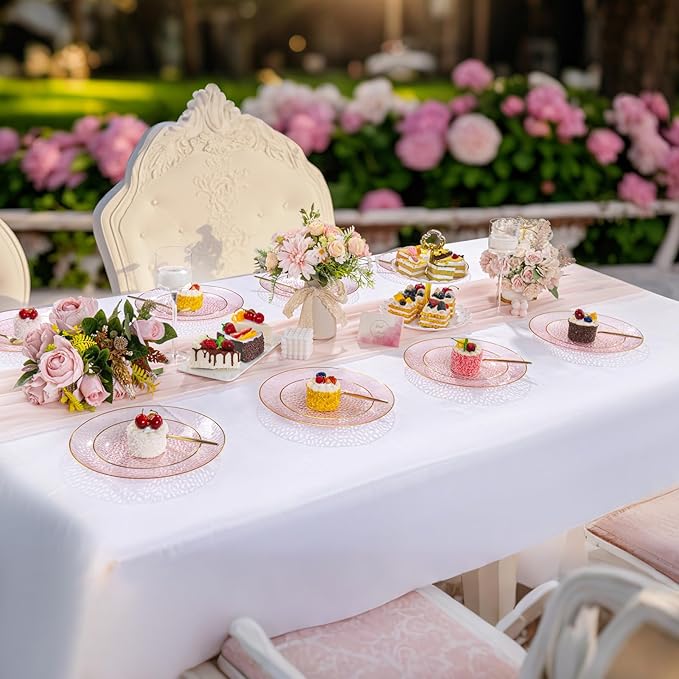 DaYammi 240Pcs Pink Plastic Plates Including 120Pcs Pink Dessert Plates and 120Pcs Gold Plastic Forks,Hammered Party Plate,pink and Gold Appetizer plates Heavy duty Disposable Cake Plate for Party